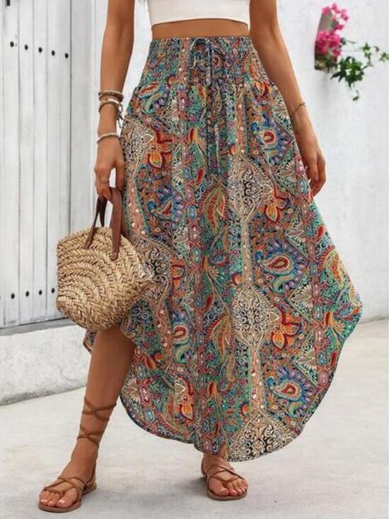 Wandoria Holiday Random Paisley Print Curved Hem Skirt Maxi Vacation Beach Outfi - Picture 3 of 7